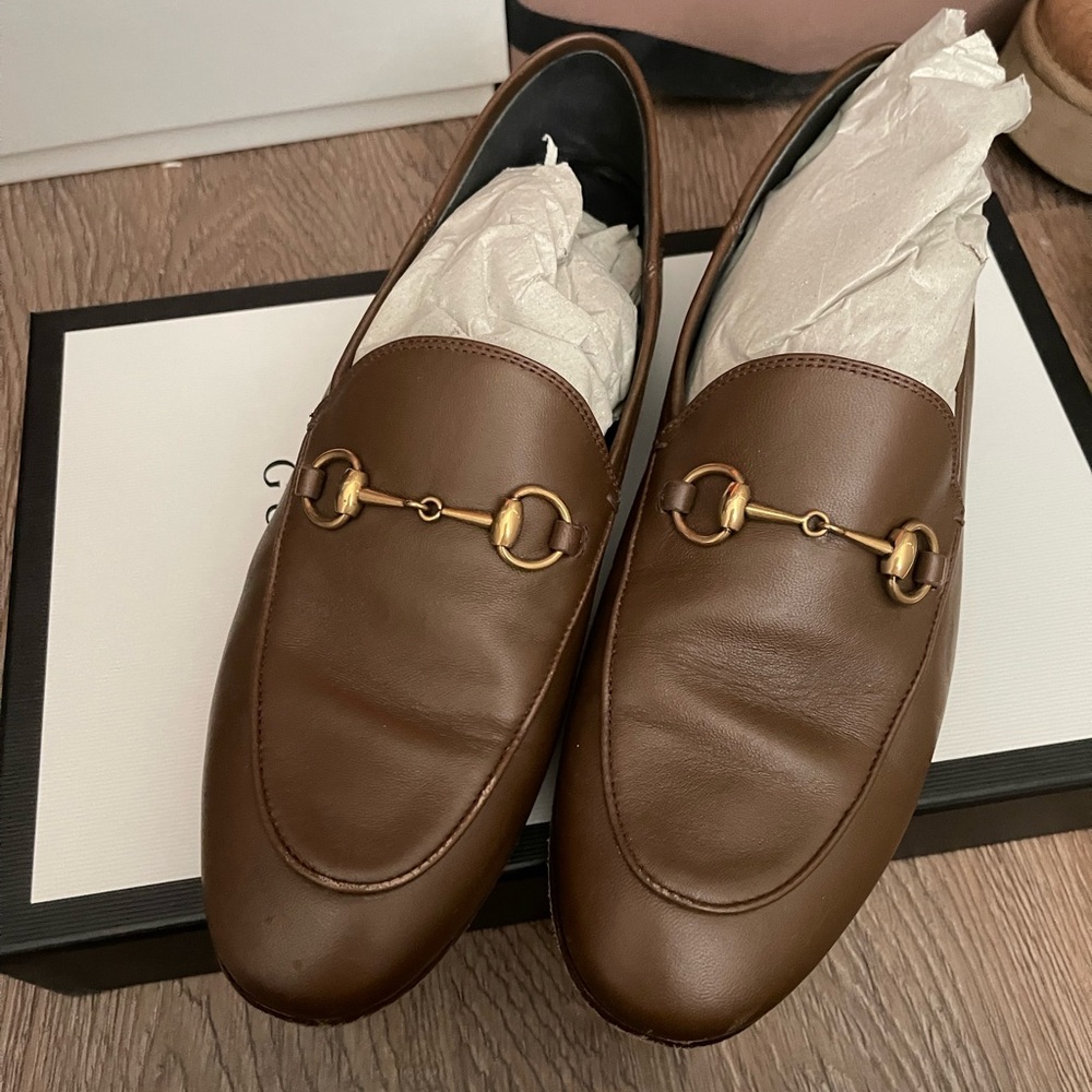 Gucci Brown Leather Loafers with Gold Accent